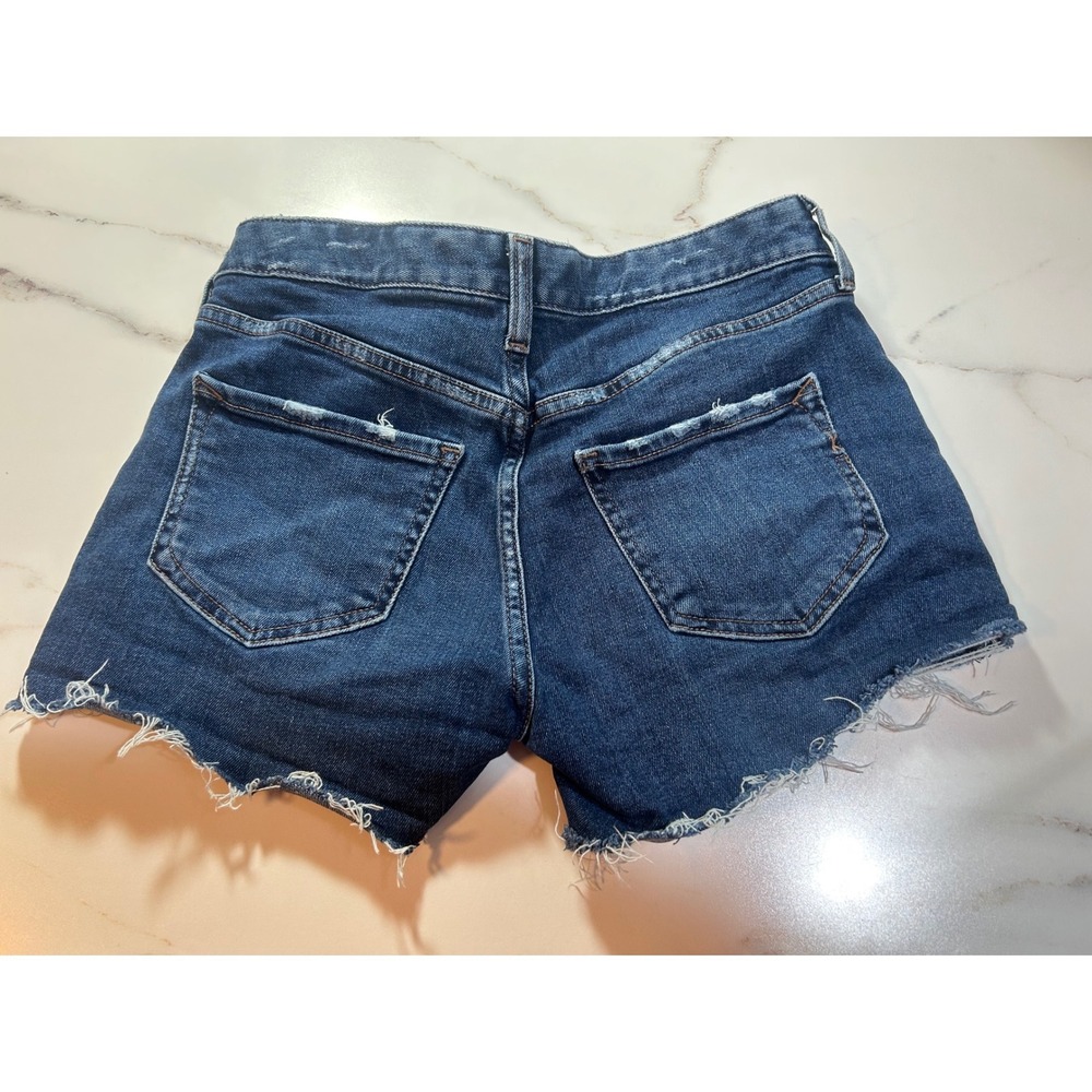 Express Original Shortie Denim Shorts Blue Relaxed LowRise Raw Hem Womens Size 2